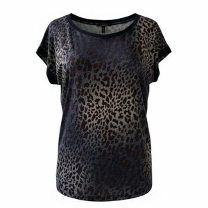 BeBe Black and Grey Leopard Print Short Sleeve Sheer Back Top Size Medium
